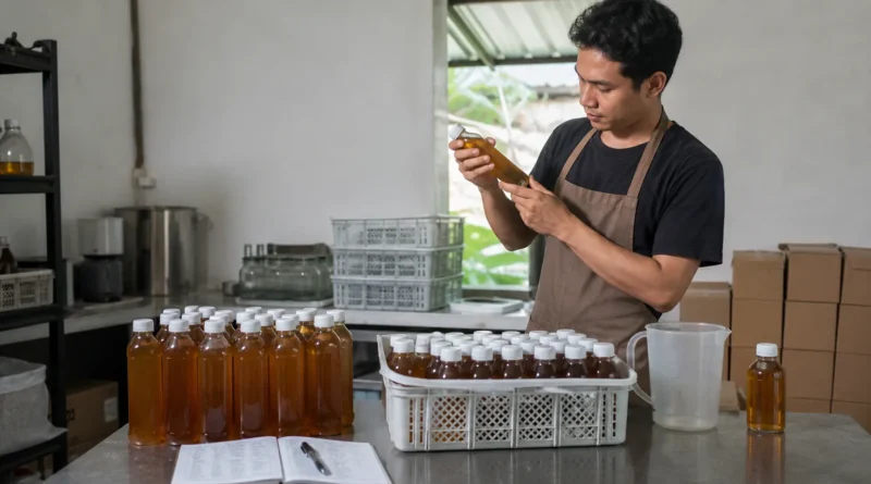 Dapur produksi kecil teh botol UMKM dengan catatan batch