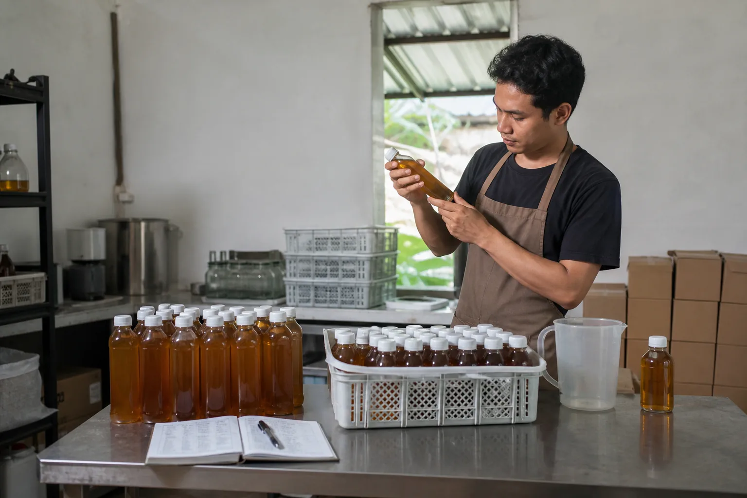 Dapur produksi kecil teh botol UMKM dengan catatan batch